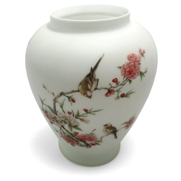 Large GINGER JAR With Lid Frosted Satin Glass Bird And Floral 18" Tall Vintage - Picture 7 of 9